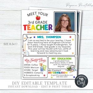 EDITABLE Meet Your Teacher Template - Back to School Meet the Teacher - Meet the Teacher School Newsletter Printable - DIY with Corjl-#MTT02