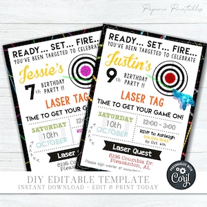 Editable Laser Tag Birthday Invitation: Red or Pink (DIY Corjl Template) #BP08