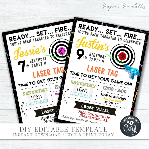 EDITABLE Laser Tag Birthday Party Invitation - Boy Laser Tag Birthday Party - Girl Laser Tag Birthday Invitation - DIY with Corjl - #BP08