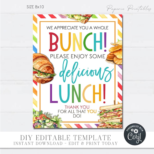 EDITABLE Lunch Appreciation Sign, Lunch Teacher Appreciation Sign, Lunch Nurse Appreciation Sign, Sandwich Appreciation Sign, DiY - #TAS15