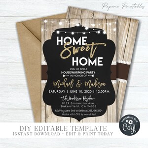 May include: A printable housewarming party invitation with a rustic wood background and a black chalkboard overlay. The text reads "Home Sweet Home" with gold glitter accents. The invitation is for Michael and Madison's housewarming party on June 10, 2020, at 12:00 PM. The invitation includes the address and RSVP information.