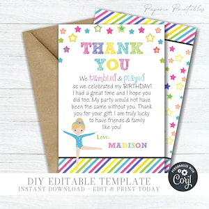 EDITABLE Gymnastics Birthday Thank You Card - Tumbling Birthday Thank You Card - Gymnastics Birthday Party - DIY Edit with Corjl - #BP82