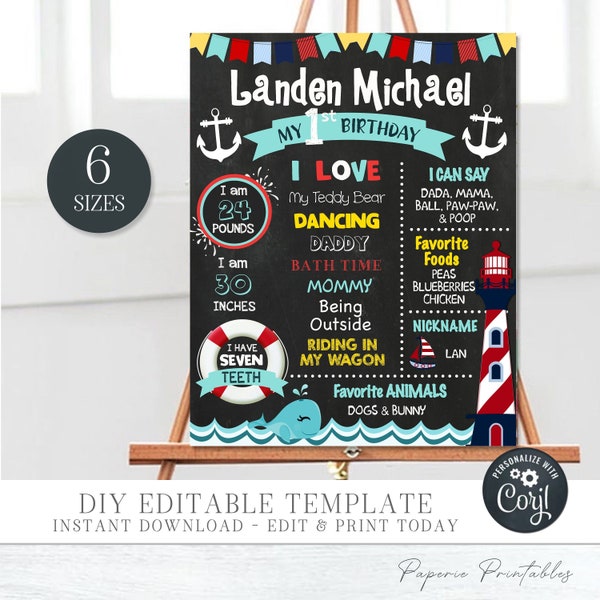 EDITABLE Sailor Birthday Milestone Poster, Nautical Birthday Stats Sign, Stats Board, First Birthday Milestone Poster, DIY edit Corjl #BCB01