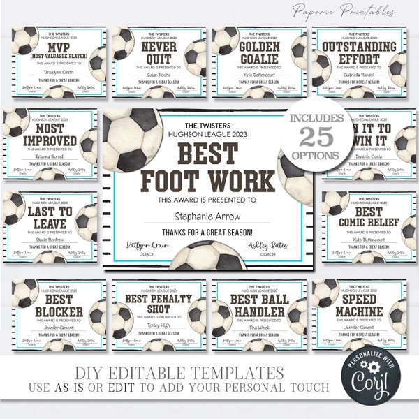 Editable Soccer Award Certificates, Award Ceremony Certificates, End of Season Soccer Award, Soccer Team Party Printables, DIY w/Corjl #CO20