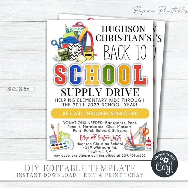 EDITABLE School Supply Drive Flyer - Back to School Supply Drive Flyer, School Fundraiser Flyer, School Drive Printable - Edit Corjl - #SO05