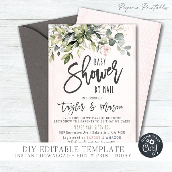 EDITABLE Floral Baby Shower by Mail Invitation - Girl Baby Shower by Mail Invitation - Watercolor Baby Shower Invite - Edit with Corjl-#SM13