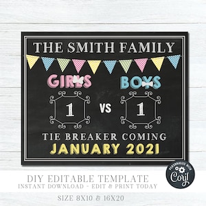 EDITABLE Tie Breaker Pregnancy Announcement Chalkboard – 3rd Pregnancy Reveal - Tie Breaker Pregnancy, Photo Prop - Edit with Corjl - #G136