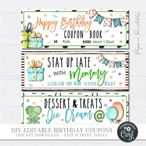 EDITABLE Kids Birthday Coupon Book, Birthday Coupons for Kids, Birthday Gift, Birthday Coupons, Birthday Printable, Edit with Corjl, #BC03-2