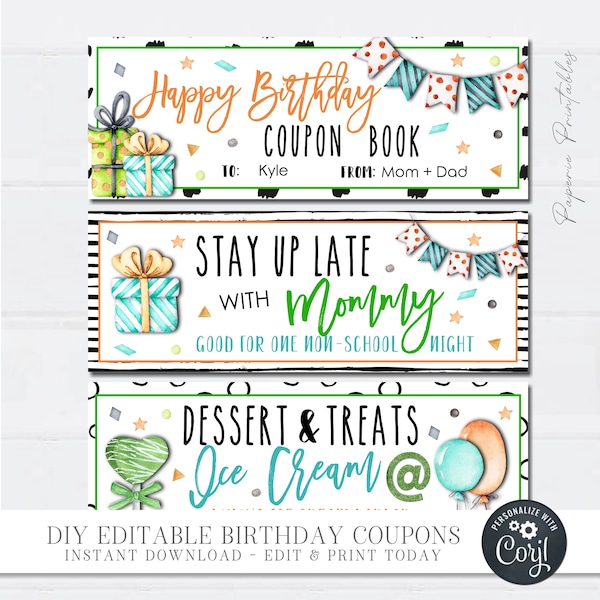 EDITABLE Kids Birthday Coupon Book, Birthday Coupons for Kids, Birthday Gift, Birthday Coupons, Birthday Printable, Edit with Corjl, #BC03-2