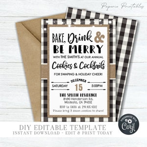 EDITABLE Bake, Drink & Be Merry Christmas Party Template - Cookies and Cocktails Invitation - Christmas Cookie - DIY Edit with Corjl - #CP17