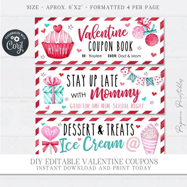 EDITABLE Kids Valentine Coupon Book, Valentine Coupons for Kids, Valentine Gift, Valentine Coupons, Printable - Edit with Corjl - #VT36