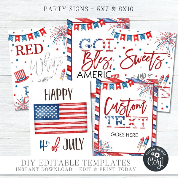 EDITABLE 4th of July Party Signs, 4th of July Signs, 4th of July Decorations, Patriotic Printable Signs, DIY with Corjl - #JULY01