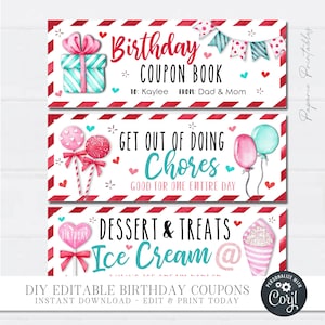 EDITABLE Kids Birthday Coupon Book, Birthday Coupons for Kids, Birthday Gift, Birthday Coupons, Birthday Printable - Edit with Corjl - #BC04