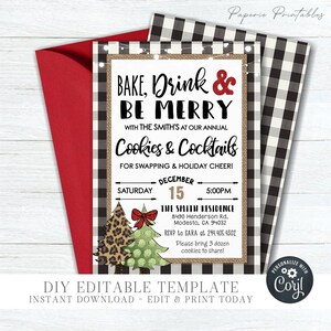 EDITABLE Cookies and Cocktails Holiday Party Invitation Bake, Drink & Be Merry Christmas Party Template - DIY Edit with Corjl - #CP21