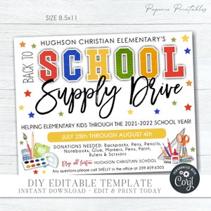 EDITABLE Back to School Supply Drive Flyer - School Supply Drive Flyer - School Fundraiser Flyer, School Printable - Edit with Corjl - #SO17