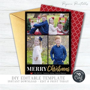 EDITABLE Christmas Photo Card - 3 Photo Layout - Merry Christmas Photo Card - Modern Christmas Template - Gold Foil - DIY Edit Corjl - #CC29