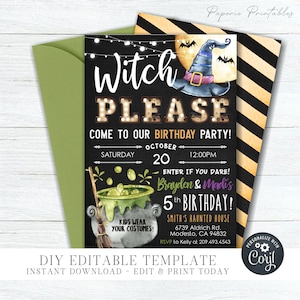 EDITABLE Halloween Birthday Invitation - Halloween Birthday Party Template - Witch Please Halloween Party Invitation - DIY with Corjl- #BP12