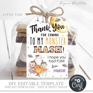 EDITABLE Halloween Birthday Party Favor Tags - Monster Mash Thank You Tag - Monster Mash Halloween Birthday Party - Edit with Corjl - #BP97