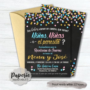 Spanish Gender Reveal Party Invitation - Gender Reveal Party Invitation - Confetti Blue, Pink & Gold Confetti -Twins Gender Reveal-#GRP1