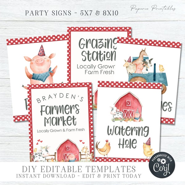 EDITABLE Farm Party Signs - DIY Barnyard Party Signs - Grazing Station Template - Farmers Market Birthday Sign - DIY Edit with Corjl - #BP05