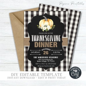 EDITABLE Buffalo Plaid Thanksgiving Feast Invitation - Thanksgiving Dinner Template - Friendsgiving Feast Printable - DIY with Corjl - #TG18