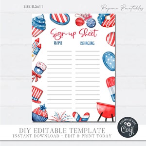Editable 4th of July Potluck Sign Up Sheet (DIY Corjl Template)