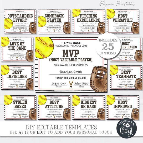 Editable Softball Award Certificates, Award Ceremony Certificates, End of Season Softball Awards, Team Party Printables - DIY w/Corjl #CO18