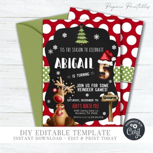 Christmas Birthday Invitation: Reindeer Games, Photo Option (DIY Editable Corjl Template) #BP20