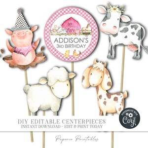 EDITABLE Farm Party Centerpieces - DIY Girl Farm Birthday Centerpieces - Farm Animals - Barnyard Centerpieces - DIY Edit with Corjl - #BP05