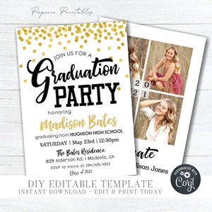 EDITABLE Graduation Party Invitation - Gold Foil Graduation Party Template - Class of 2022 Photo Graduation Invitation - DIY Corjl - #GP07