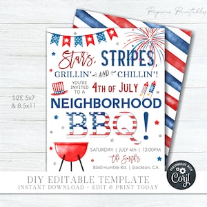 EDITABLE 4th of July Invitation - 4th of July BBQ Flyer - Editable 4th of July Neighborhood BBQ Invitation - diy edit with Corjl - #JULY07