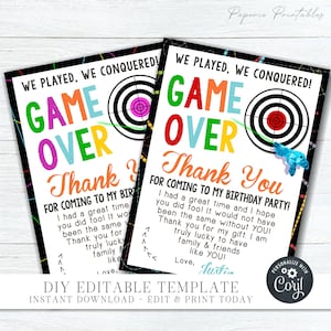 EDITABLE Laser Tag Thank You Card - Laser Tag Birthday Party Thank You Card - Laser Tag Game Over Thank You Card - DIY with Corjl - #BP08 -