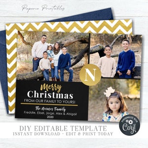 EDITABLE Christmas Photo Card -  3 Photo Layout - Merry Christmas Photo Card - Gold Foil Christmas Template - DIY Edit with Corjl - #CC44