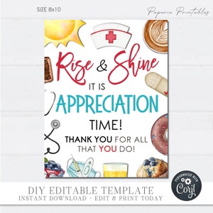 Editable Nurse Appreciation Sign: Rise and Shine Breakfast Theme (Digital Download) #NAF09