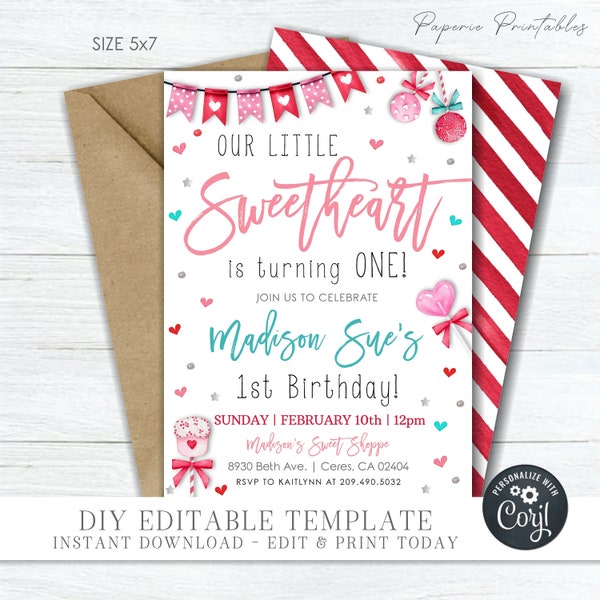 EDITABLE Valentine's Day Birthday Invitation, Girl Birthday Invitation, Our Little Sweetheart Birthday Invitation - DIY with Corjl - #BP154