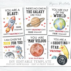 Editable Outer Space Valentine Tags, Space Valentine Cards , Kids Valentine Cards, School Valentine Tags, Mar-velous - DIY with Corjl  #VT31