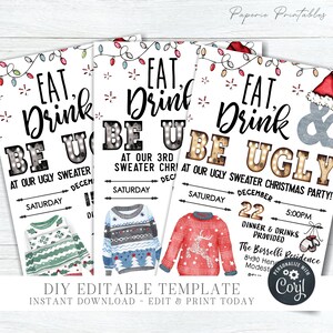 EDITABLE Ugly Sweater Christmas Party Invitation Template - Ugly Sweater Party Invitation - Eat Drink and be Ugly- DIY Edit with Corjl-#CP34