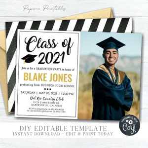 EDITABLE Photo Graduation Party Invitation - Gold Foil Graduation Party Template - Class of 2021 Graduation Invitation - DIY Corjl - #GP02