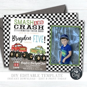 Editable Monster Truck Birthday Invitation: Photo Template (DIY Digital) #BP10