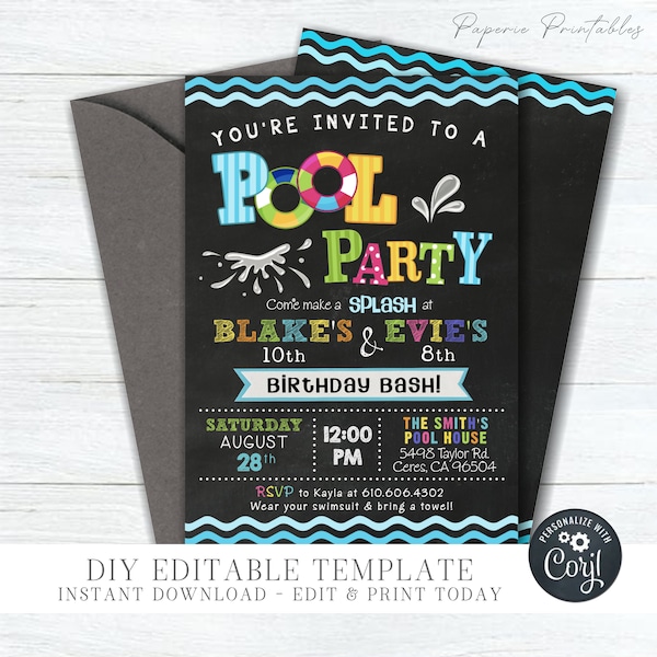 EDITABLE Siblings Pool Party Birthday Invitation - Brothers Pool Party Template - Pool Party Photo Invitation - DIY Edit with Corjl - #BP70