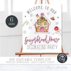 Editable Gingerbread House Decorating Party Sign, Christmas Party Decoration, Christmas Cookie Sign, Welcome Sign, DiY w/Corjl - #CP71