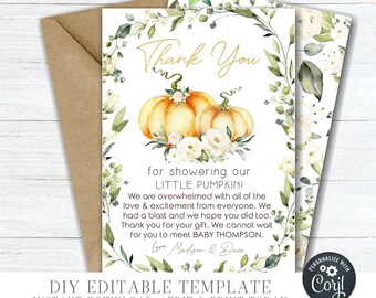 Pumpkin Baby Shower Thank You Card: Editable Fall Design (CORJL) #BS73