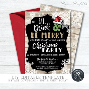 EDITABLE Eat, Drink & Be Merry Christmas Party Invitation -  Holiday Invitation Template - Christmas Dinner Party-DIY Edit with Corjl- #CP32