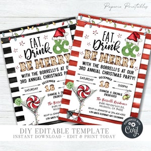 EDITABLE Eat, Drink & Be Merry Christmas Party Template - Christmas Party Invitation - Holiday Party Invitation - DIY Edit with Corjl-#CP43