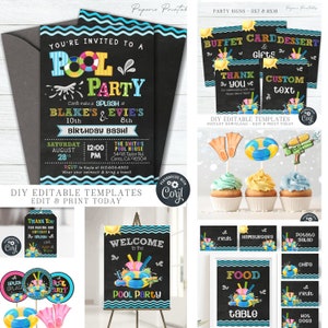 EDITABLE Siblings Pool Party Birthday Bundle - Twins Pool Party Printables - Invitation - Joint Birthday Pool Party Decor- DIY Corjl - #BP70