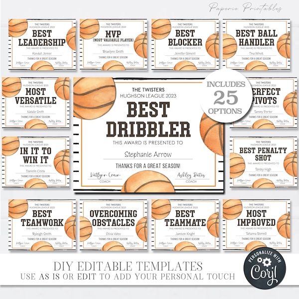 Editable Basketball Award Certificates, Award Ceremony Certificate, End of Season Awards, Basketball Team Party Printable, DIY w/Corjl #CO23