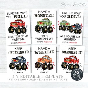 EDITABLE Kids Valentine Cards - Monster Truck Valentine Cards - School Valentine Tags - DIY Editable Valentine Cards - with Corjl - #VT08