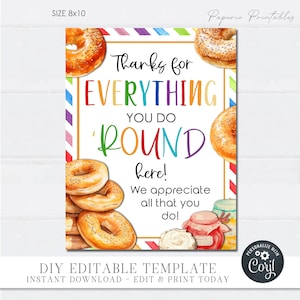 Editable Bagel Teacher Appreciation Sign: Breakfast Theme (DIY Corjl Template) #TAS05