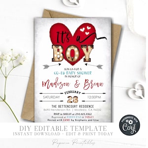 EDITABLE Valentine's Day Baby Shower Invitation - It's a Boy Baby Shower Invitation -  Love Valentine Baby Shower - Edit with Corjl - #BS12