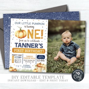 Editable Boy Pumpkin 1st Birthday Invitation: Fall Photo Template (DIY Corjl) #BP72